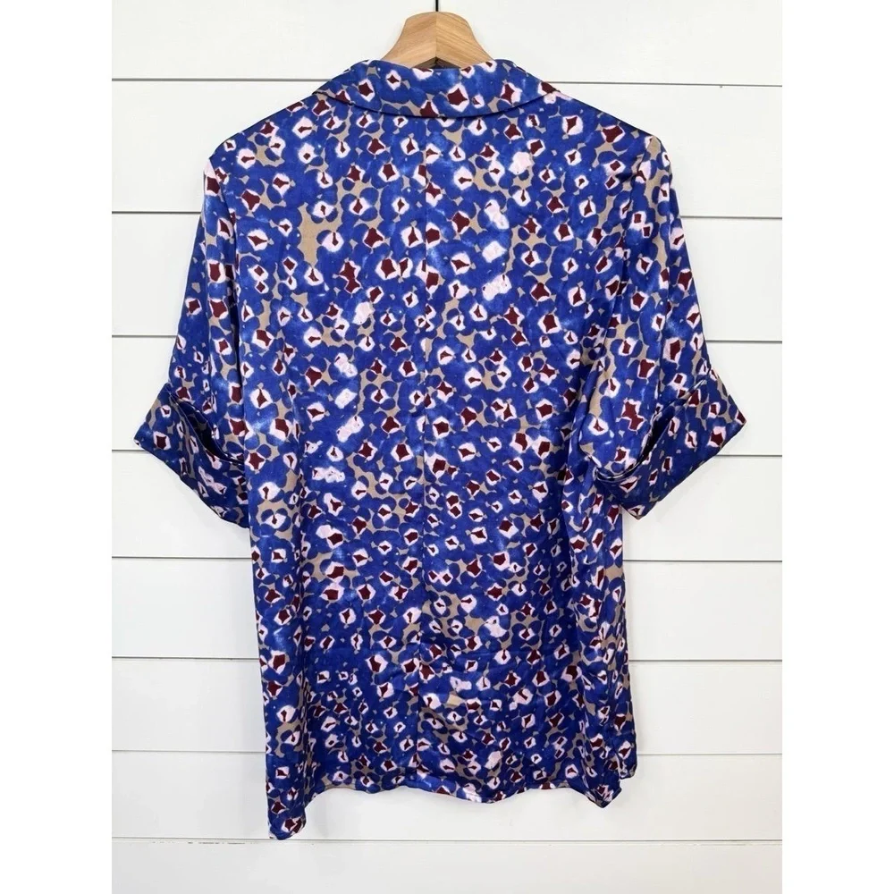Open Edit Womens Button Up Shirt Blue Multi Abstract Cuffed Sleeve Print Size XS